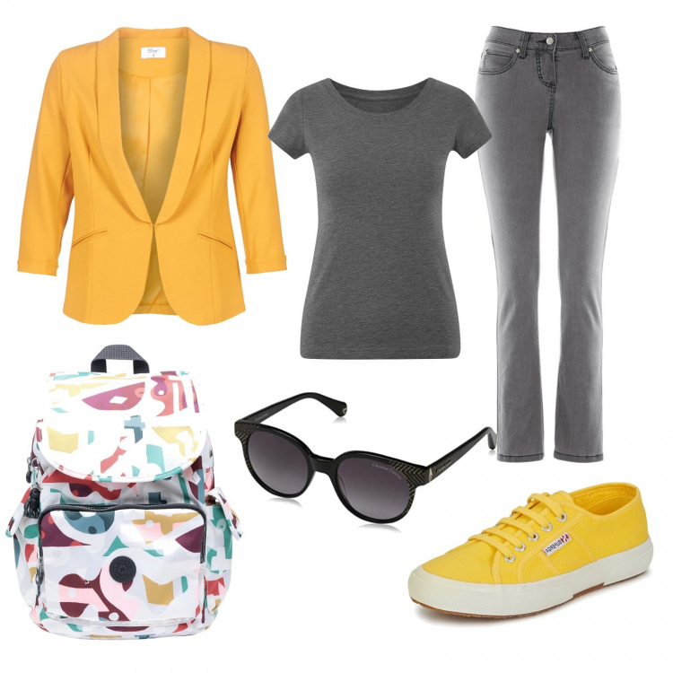 Outfit donna - Urban #29985. Stile Urban per Scuola/Università. Abbinamento con jeans slim fit, zaini, giacche, sneakers, t-shirt, occhiali da sole.