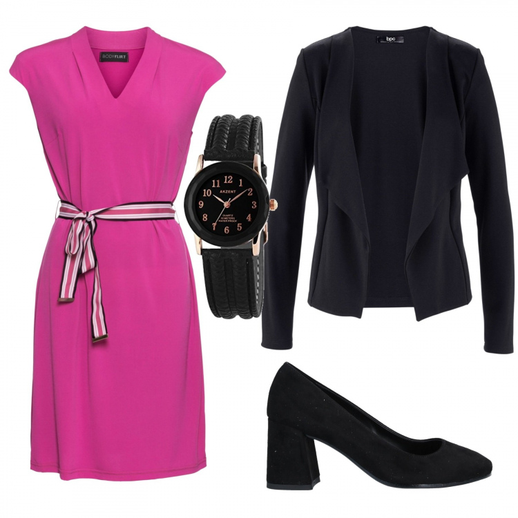 Outfit donna - Puntualissima. Stile Bon Ton per Tutti i giorni. Abbinamento con blazer, vestiti, décolleté, orologi analogici.