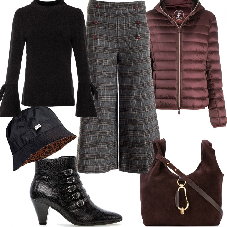 Outfit donna - Trendy #80525. Stile Trendy per Ufficio. Abbinamento con maglioni, pantaloni culotte, stivaletti, piumini, borse a spalla, cappelli.
