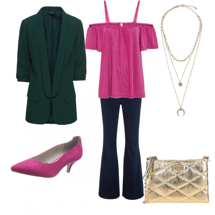 Outfit donna - Il fucsia che accende. Stile Trendy per Tutti i giorni. Abbinamento con blazer, jeans a zampa, pullovers, borse a tracolla, scarpe col tacco, ciondoli.