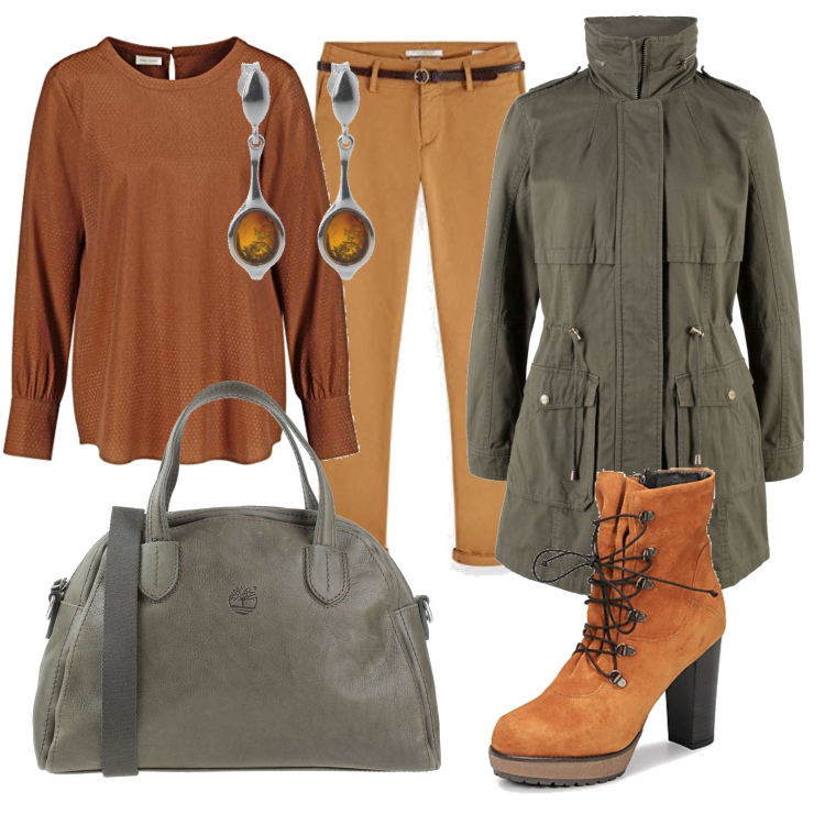 Outfit donna - Ambra 4. per Tutti i giorni. Abbinamento con parka, borse a tracolla, stivaletti, camicie, pantaloni, orecchini.