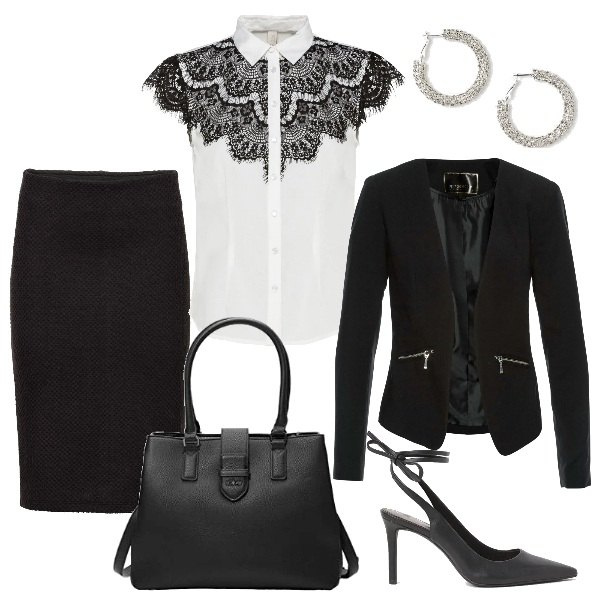 Outfit donna - Il guardaroba di Marta. Abbinamento con blazer, camicie, gonne longuette, décolleté, borse tote, orecchini.