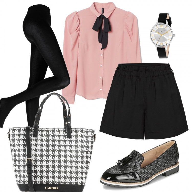 Outfit donna - Dandy romantic. Stile Bon Ton per Serata fuori. Abbinamento con collant, shorts, borse a mano, mocassini, camicie, orologi analogici.