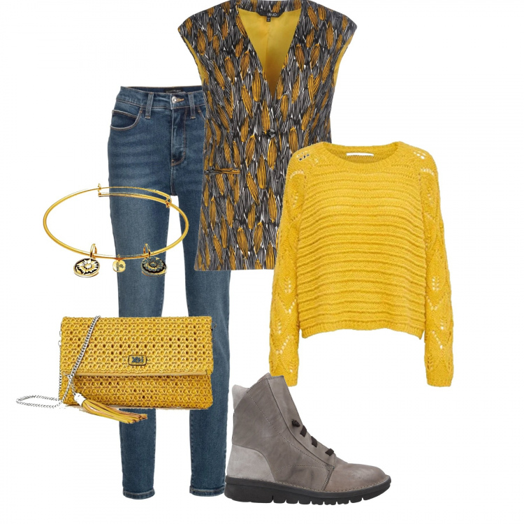 Outfit donna - Sole d\'Autunno!. Stile Urban per Tutti i giorni. Abbinamento con jeans skinny, blazer, stivaletti, pullovers, borse a mano, orologi.