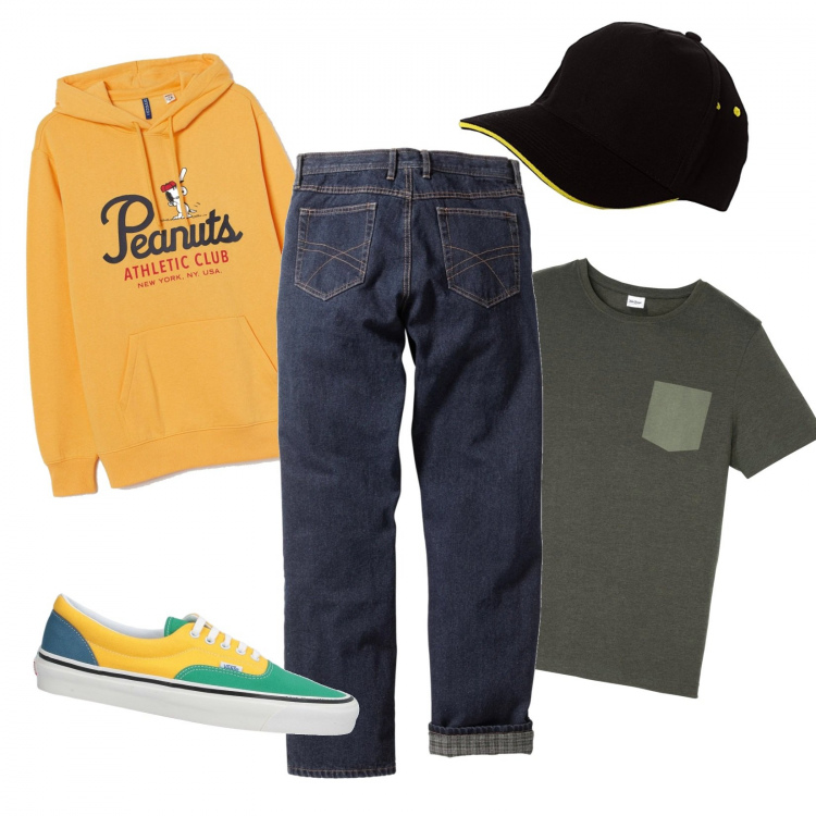 Outfit uomo - Boyfriend. Stile Trendy per Tutti i giorni. Abbinamento con jeans dritti, t-shirt, sneakers, felpe con cappuccio, cappelli con visiera.