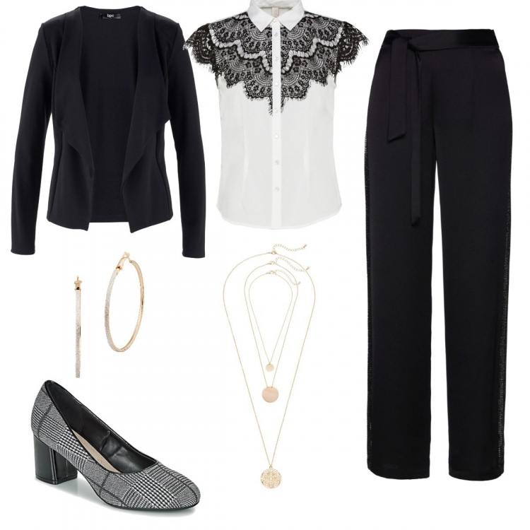 Outfit donna - Smartworking. Stile Basic per Ufficio. Abbinamento con blazer, camicie, pantaloni a palazzo, ciondoli, orecchini, décolleté.