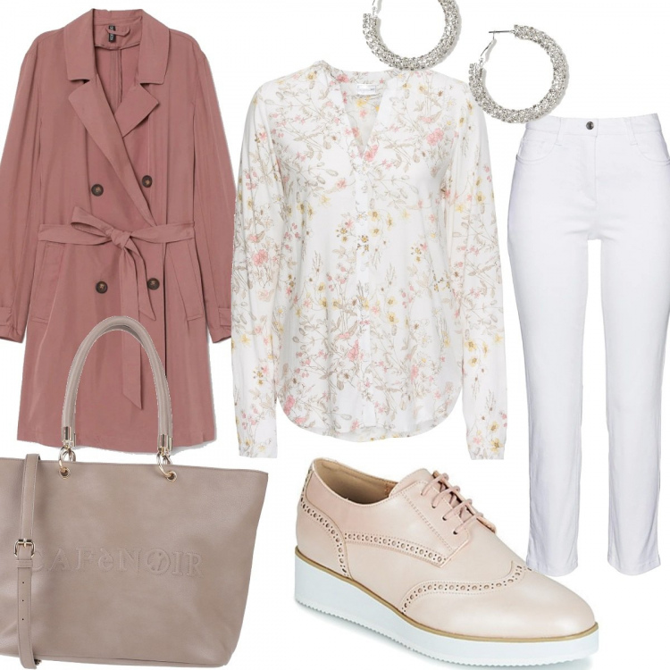 Outfit donna - Romanticismo moderno. Stile Bon Ton per Tutti i giorni. Abbinamento con camicie, pantaloni, borse a mano, scarpe stringate, trench, orecchini.