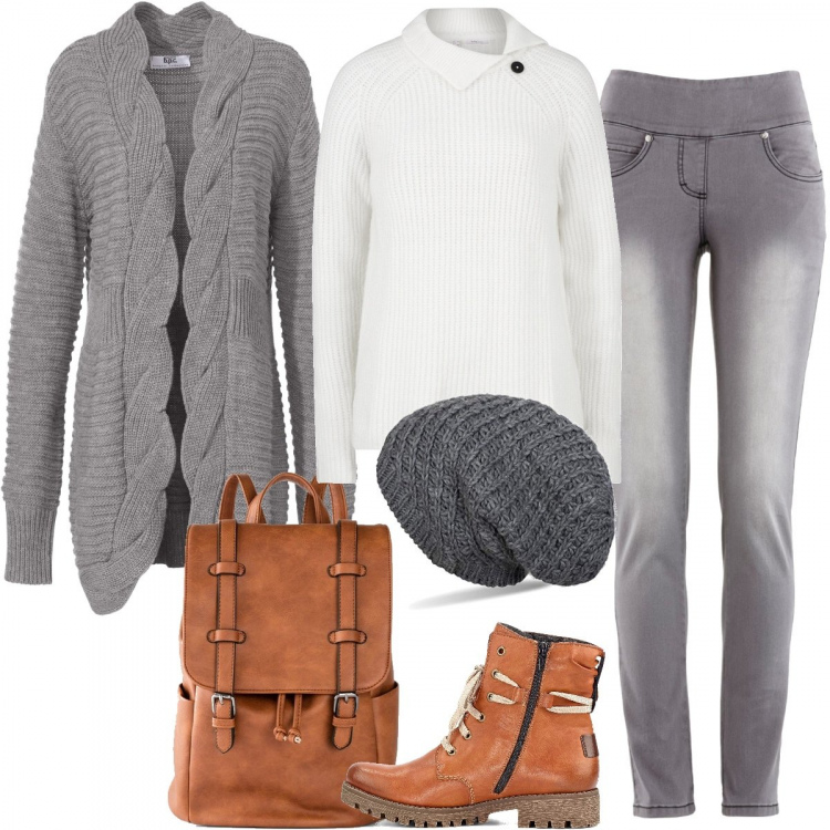 Outfit donna - Copriti bene e corri via. Stile Basic per Tutti i giorni. Abbinamento con jeans slim fit, cardigans, maglioni, zaini, stivaletti, berretti.