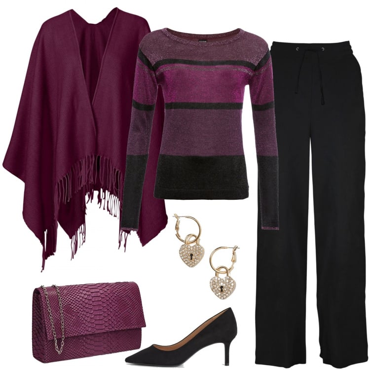 Outfit donna - Mantellina e maglia in lurex. Stile Trendy per Ufficio. Abbinamento con maglieria, pantaloni a palazzo, cappotti, pochette, décolleté, orecchini.