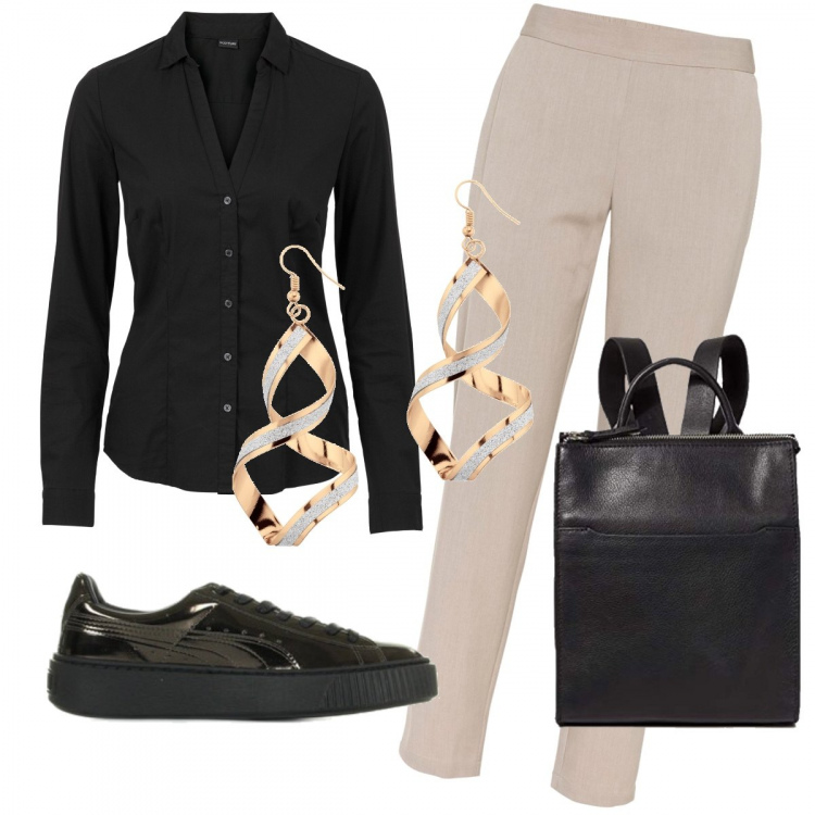 Outfit donna - In ufficio con sneakers e zainetto. Stile Basic per Ufficio. Abbinamento con camicie, pantaloni, orecchini, sneakers, borse a tracolla.