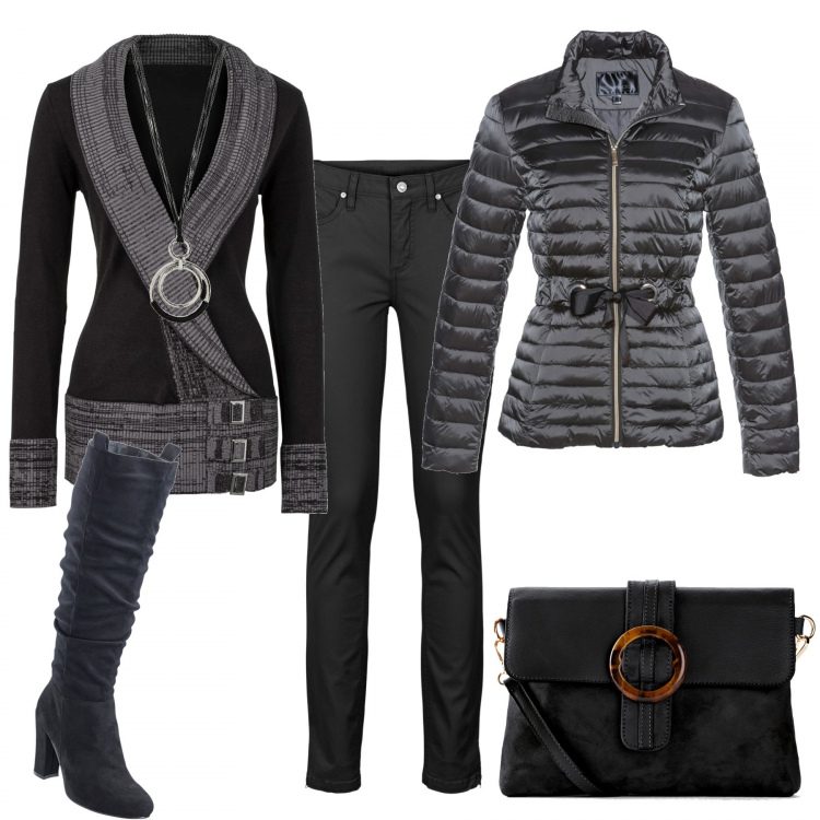 Outfit donna - Tutto Bonprix per il weekend. Stile Urban per Tutti i giorni. Abbinamento con jeans, maglioni, cappotti, collane, stivali, borse a tracolla.