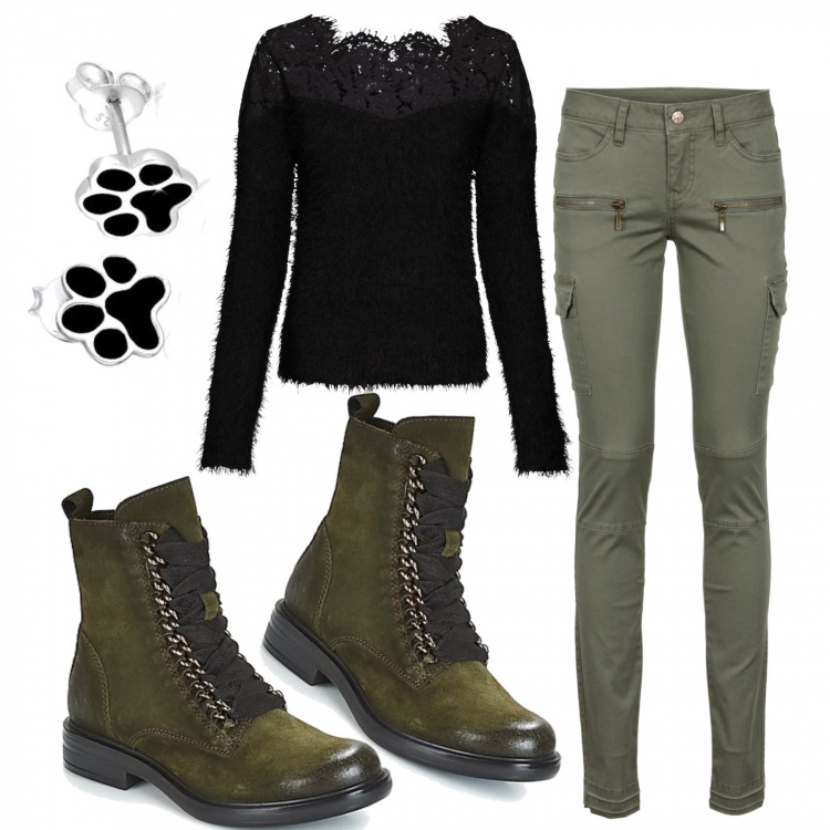 Outfit donna - Casual trendy!. Stile Trendy per Tutti i giorni. Abbinamento con pantaloni cargo, maglioni, stivaletti, orecchini.