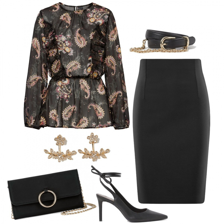 Outfit donna - Eleganza low cost. Stile Chic per Cerimonia. Abbinamento con cappotti, tuniche, gonne longuette, cinture, orecchini, décolleté.