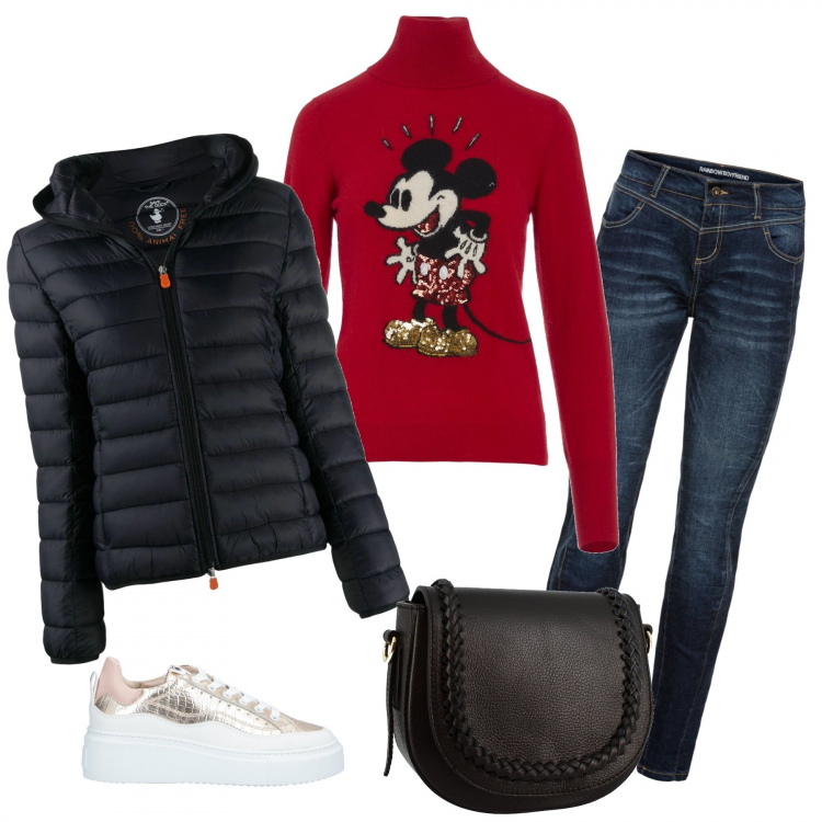 Outfit donna - Urban #30164. Stile Urban per Tutti i giorni. Abbinamento con jeans boyfriend, sneakers, maglieria, borse a tracolla, piumini.