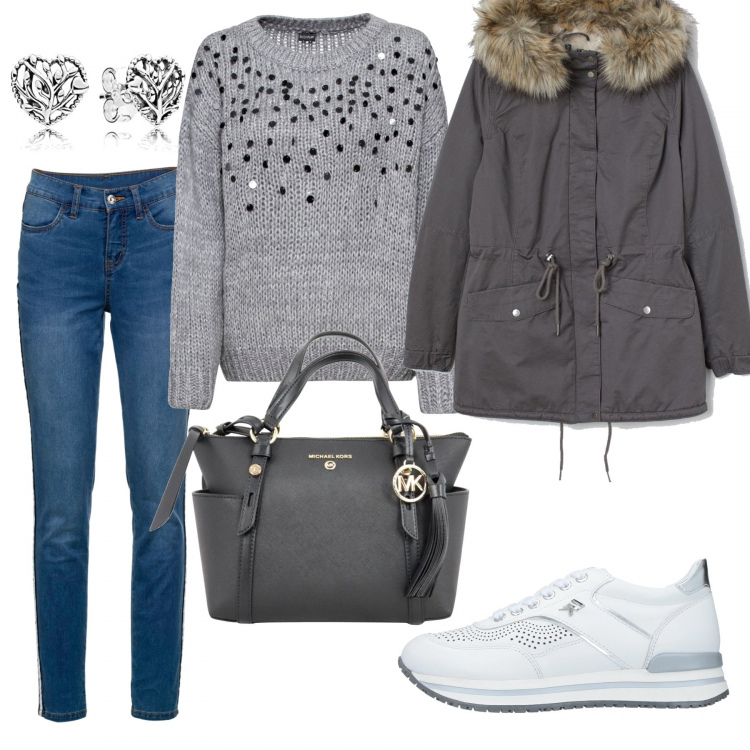Outfit donna - Semplicemente basic. Stile Basic per Tutti i giorni. Abbinamento con maglioni, jeans skinny, sneakers, parka, borse tote, orecchini.