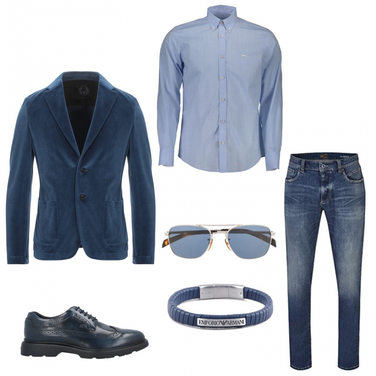 Outfit uomo - Trendy #9896. Stile Trendy per Ufficio. Abbinamento con camicie, occhiali da sole, giacche, scarpe stringate, jeans bootcut, braccialetti.