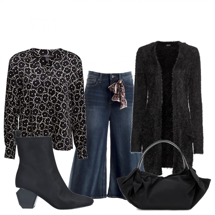 Outfit donna - Urban #30208. Stile Urban per Tutti i giorni. Abbinamento con cardigans, stivaletti, jeans, camicie, borse a mano.