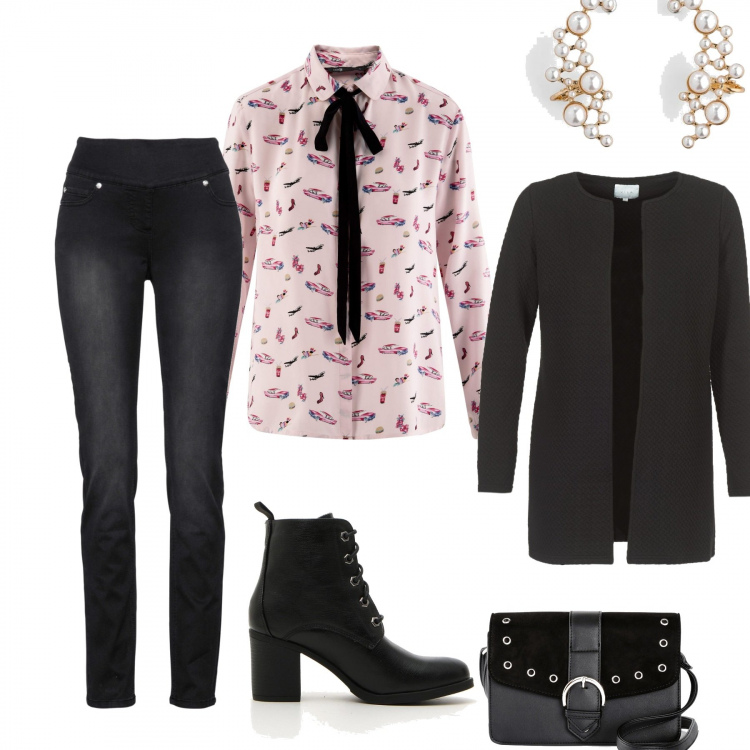 Outfit donna - Trendy #80885. Stile Trendy per Serata fuori. Abbinamento con giacche, camicie, stivaletti, jeans, borse a tracolla, orecchini.