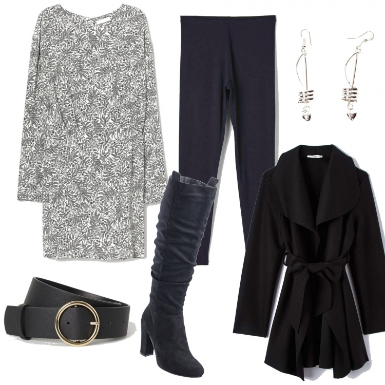 Outfit donna - Trendy #80888. Stile Trendy per Tutti i giorni. Abbinamento con orecchini, cappotti, leggings, vestiti corti, stivali, cinture.