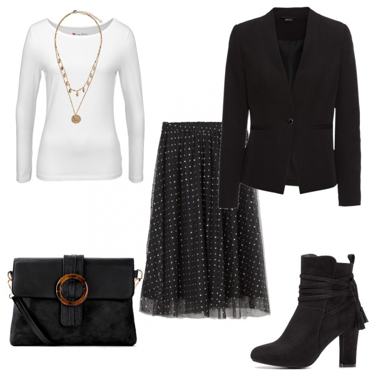 Outfit donna - Monday Style - gonna lunga pois. Stile Chic per Ufficio. Abbinamento con blazer, t-shirt sportive, stivaletti, borse a tracolla, gonne longuette, ciondoli.