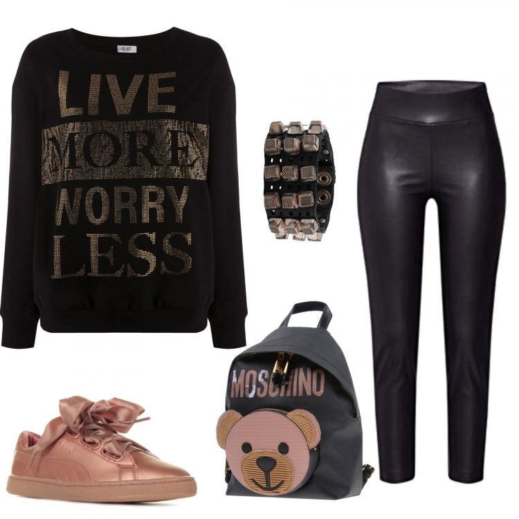 Outfit donna - Eleganti con felpa e leggings: si può!. Stile Rock per Scuola/Università. look ideale per Tall. Abbinamento con sneakers, felpe, zaini, braccialetti, treggings.