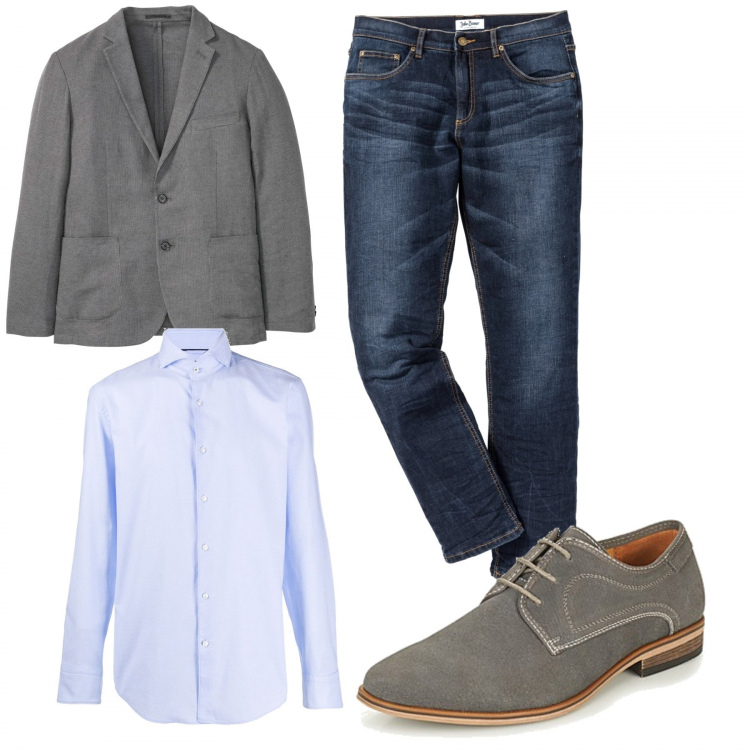 Outfit uomo - Di venerdì. Stile Casual per Ufficio. Abbinamento con jeans slim fit, giacche, scarpe stringate, abiti.