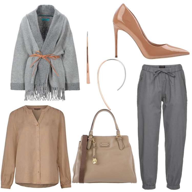 Outfit donna - Un laccio in più. Stile Basic per Ufficio. look ideale per Petite. Abbinamento con pantaloni, borse a mano, cappotti, orecchini, décolleté, camicie.