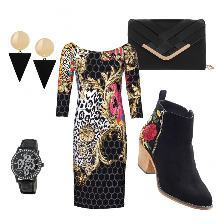 Outfit donna - Sexy #10042. Stile Sexy Abbinamento con stivaletti, vestiti midi/longuette, orecchini, pochette, orologi.