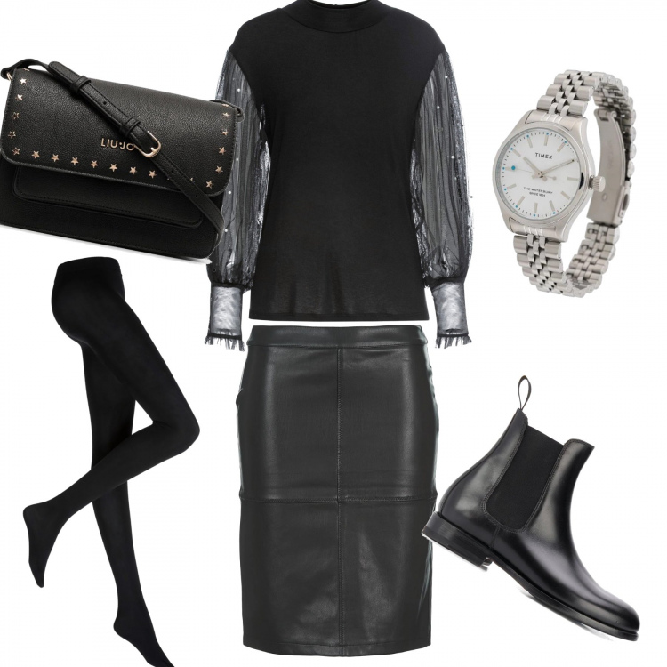 Outfit donna - Rock. Stile Rock per Serata fuori. Abbinamento con collant, pullovers, minigonne, stivaletti chelsea, orologi, borse a tracolla.