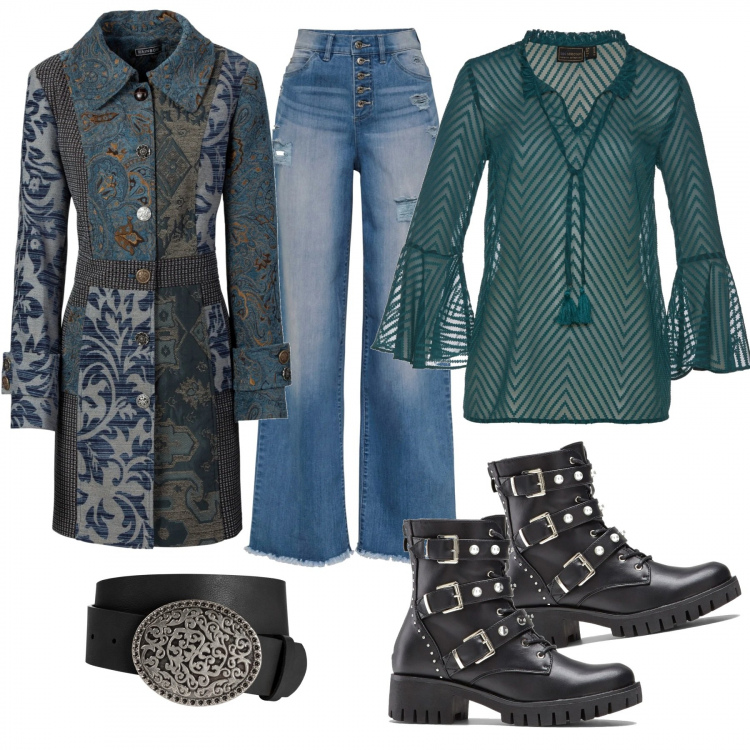 Outfit donna - Borchie e trasparenze. Stile Trendy per Tutti i giorni. Abbinamento con cappotti, jeans, stivaletti, stivaletti, cinture.