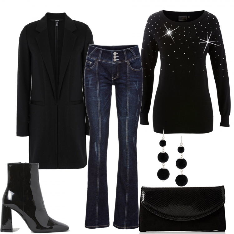Outfit donna - Consigli di stile inverno low-cost. Stile Urban per Tutti i giorni. Abbinamento con maglieria, jeans bootcut, orecchini, blazer, borse a mano, stivaletti.
