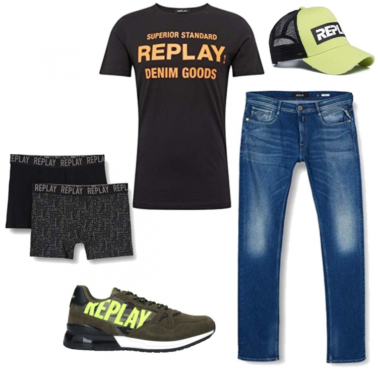 Outfit uomo - Top brand: Replay. Stile Casual per Tutti i giorni. Abbinamento con sneakers, jeans, t-shirt, boxer, berretti.