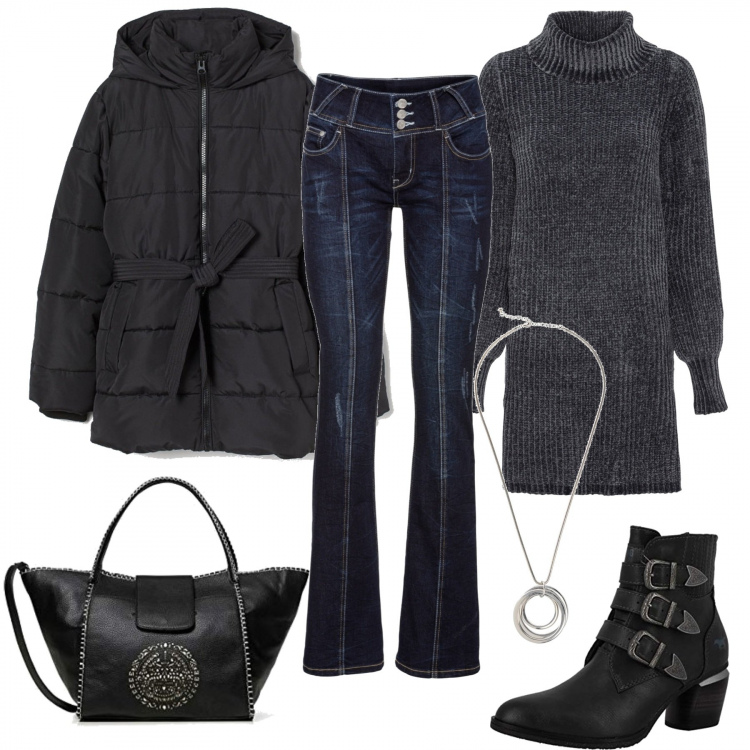 Outfit donna - Polvere di stile inverno Bantoa lw. Stile Urban per Tutti i giorni. Abbinamento con jeans bootcut, gilet, collane, borse a mano, piumini, stivali.