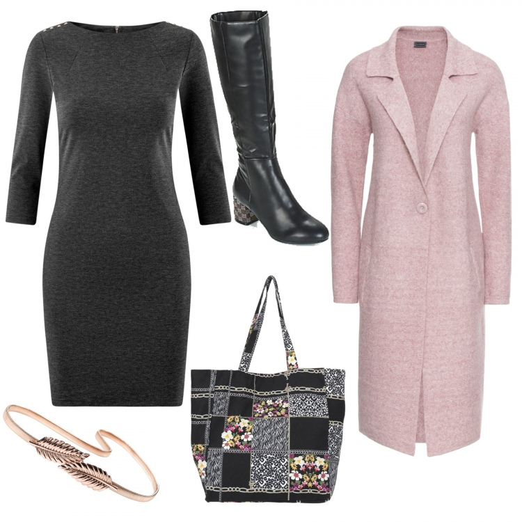 Outfit donna - Curvy: cappottino in maglina. Stile Trendy per Ufficio. Abbinamento con cappotti, cinture, borse a spalla, stivali, vestiti corti.