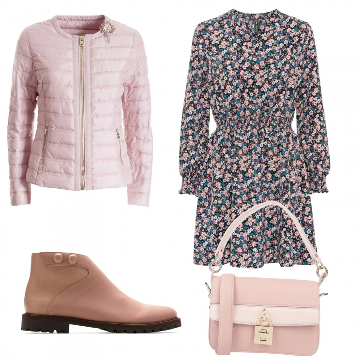 Outfit donna - Trendy #81120. Stile Trendy per Tutti i giorni. Abbinamento con borse a mano, vestiti, piumini, stivaletti.