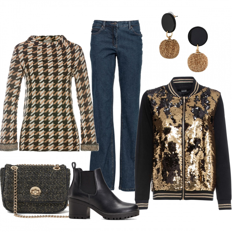 Outfit donna - Gold casual. Stile Trendy per Tutti i giorni. Abbinamento con jeans bootcut, stivaletti chelsea, orecchini, scarpe stringate, bomber, borse a mano.