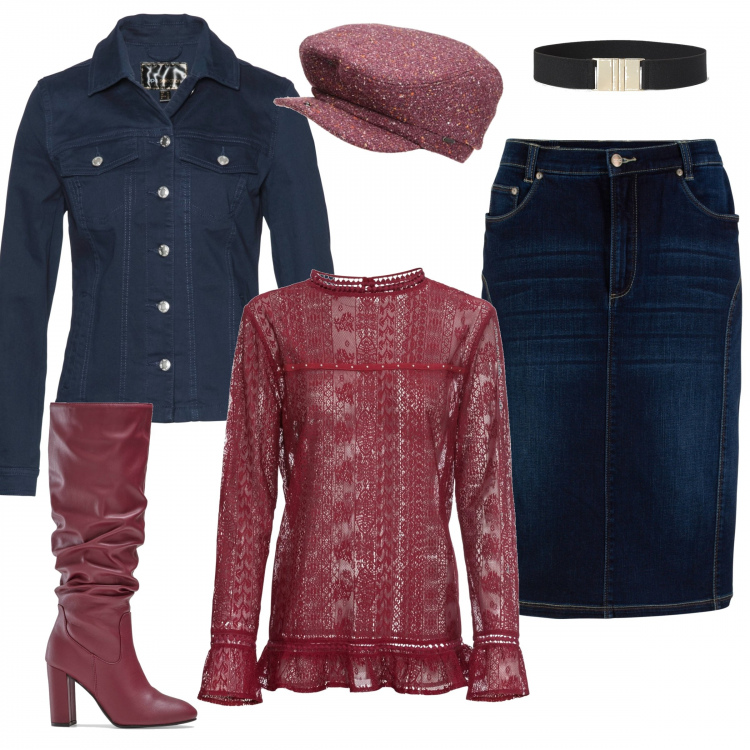 Outfit donna - Denim e bordeaux. Stile Trendy per Tutti i giorni. Abbinamento con gonne, tuniche, stivali, blazer, berretti, cinture.