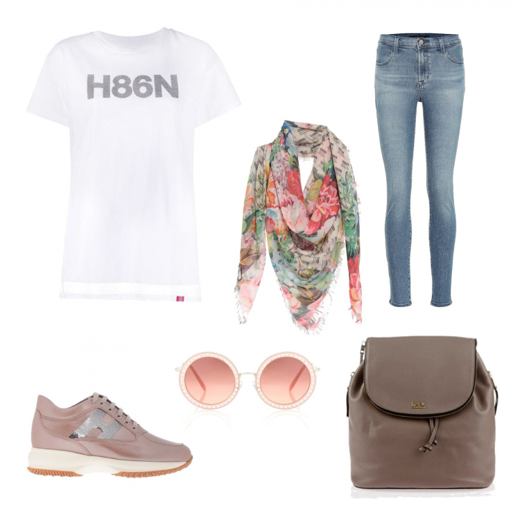 Outfit donna - Gita fuori porta con stile. Stile Trendy per Tutti i giorni. look ideale per Petite. Abbinamento con t-shirt, foulard, sneakers, occhiali da sole, jeans skinny, zaini.