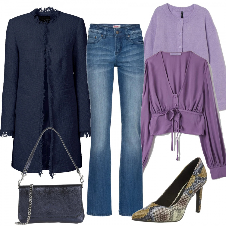 Outfit donna - Polvere di stile inverno low-cost. Stile Urban per Tutti i giorni. Abbinamento con blazer, jeans bootcut, borse a mano, camicie, cardigans, scarpe col tacco.