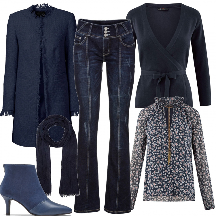 Outfit donna - Polvere di stile inverno low-cost. Stile Bon Ton per Tutti i giorni. Abbinamento con jeans bootcut, blazer, stivaletti, camicie, cardigans, sciarpe.