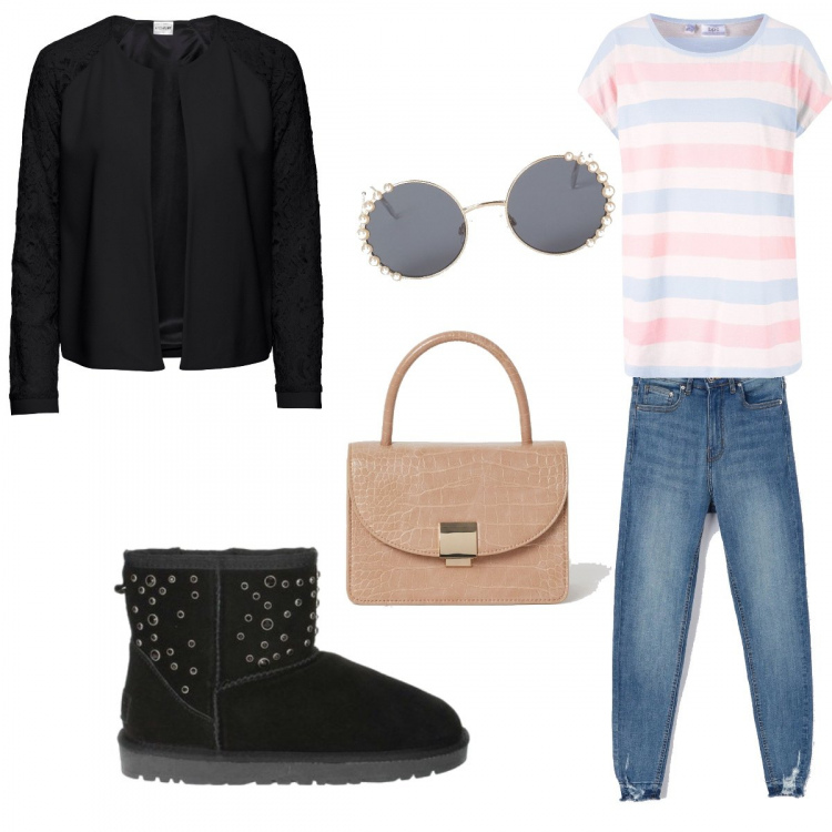 Outfit donna - Bicicletta. Stile Urban per Tutti i giorni. Abbinamento con blazer, t-shirt, jeans, stivali da neve, occhiali da sole, borse a mano.