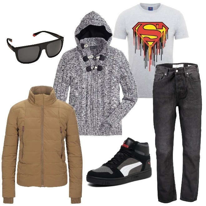 Outfit uomo - Casual #23640. Stile Casual per Tutti i giorni. Abbinamento con maglieria, piumini, sneakers alte, jeans, t-shirt, occhiali da sole.