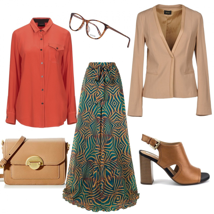 Outfit donna - Domenica d\'autunno. Stile Etnico per Serata fuori. Abbinamento con blazer, camicie, sandali, pantaloni, occhiali, borse a spalla.
