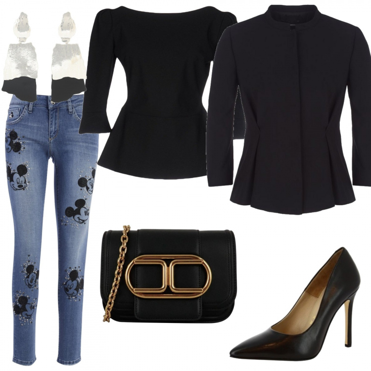 Outfit donna - Cena con amiche. Stile Chic per Serata fuori. Abbinamento con t-shirt, jeans skinny, décolleté, blazer, clutch, orecchini.