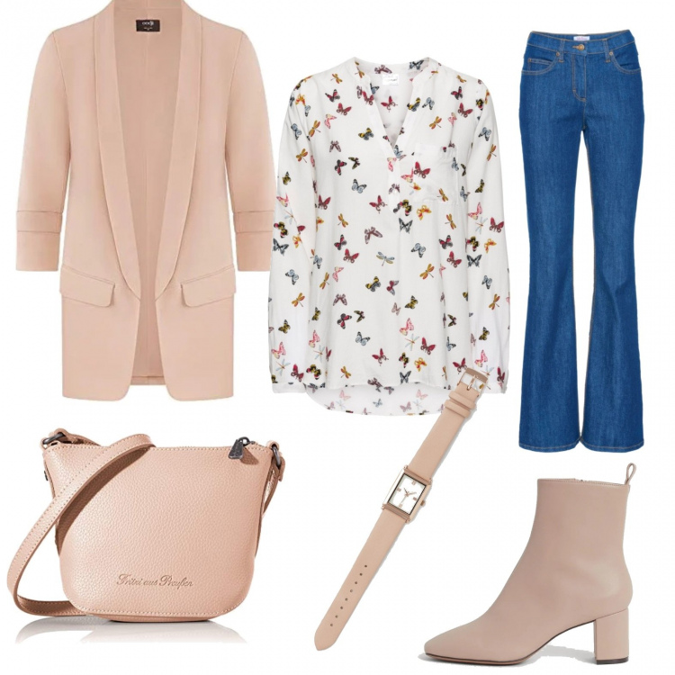 Outfit donna - Basic #43258. Stile Basic per Tutti i giorni. Abbinamento con bluse, jeans bootcut, blazer, stivaletti, borse a tracolla, orologi.