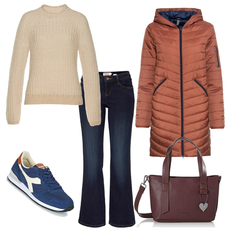 Outfit donna - Urban #30423. Stile Urban per Tutti i giorni. Abbinamento con jeans bootcut, cappotti, maglioni, sneakers, borse a tracolla.
