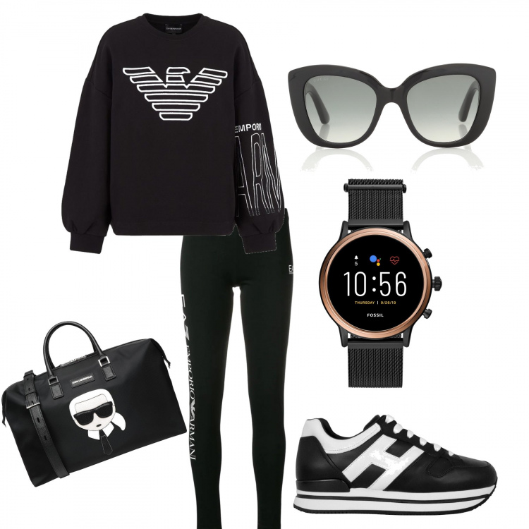 Outfit donna - Sportivo si ma con stile. Stile Rock per Sport. Abbinamento con leggings, orologi, borse sportive, sneakers, occhiali da sole, felpe.