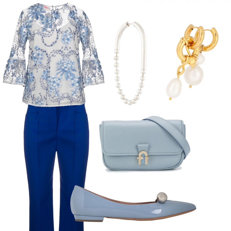 Outfit donna - Serata in bianco & blu. Stile Bon Ton per Serata fuori. Abbinamento con marsupi, pantaloni a palazzo, collane, bluse, ballerine, orecchini.