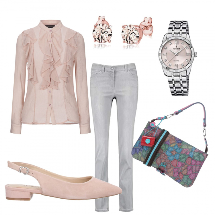Outfit donna - Romantica con i jeans. Stile Trendy per Tutti i giorni. Abbinamento con camicie, ballerine, borse a mano, orologi, orecchini, jeans dritti.