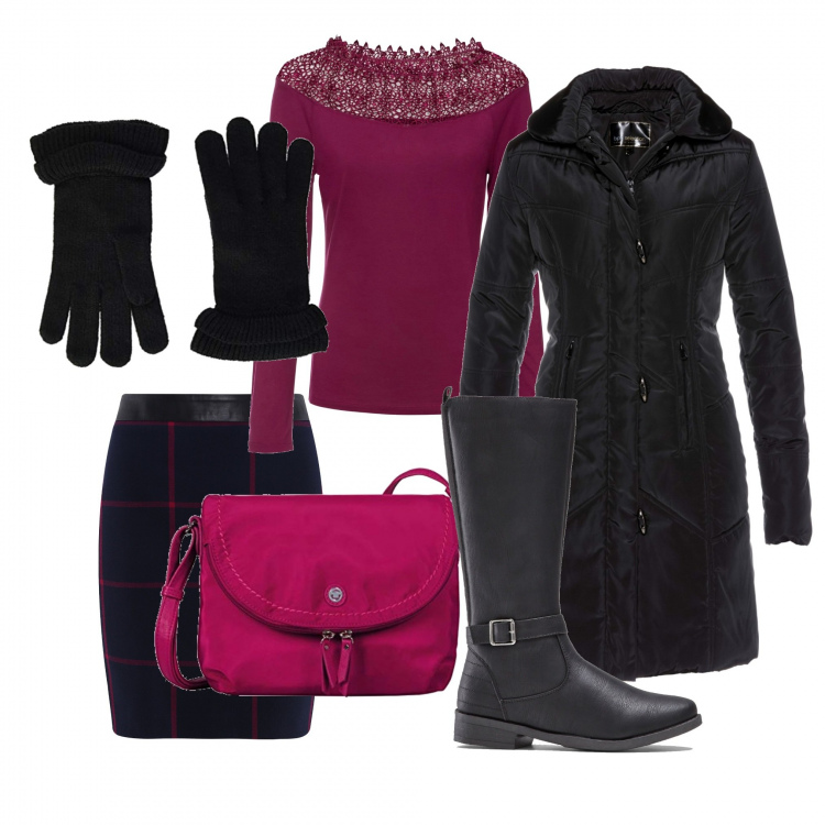 Outfit donna - Minigonna a righe e piumino. Stile Urban per Ufficio. Abbinamento con stivali, pullovers, giacche, minigonne, guanti, borse a tracolla.